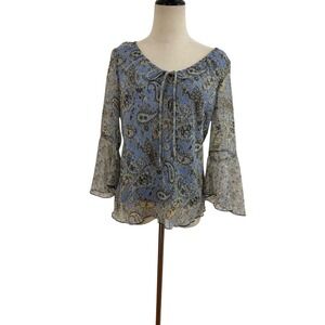 Vtg 90s Y2K Ombre Paisley Blouse 8 Blue Sheer Bell Sleeve Top Boho Western